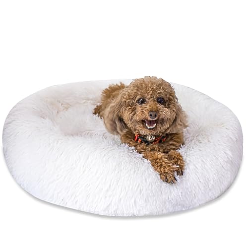 SM4BED Beruhigendes Hundebett für kleine, mittelgroße Hunde und Katzen, 58 cm, rund, Anti-Angst, warm, flauschig, Plüsch-Kunstfell-Bett, weich, rutschfest, Donut-waschbar, passend für Haustiere bis zu von SM4BED