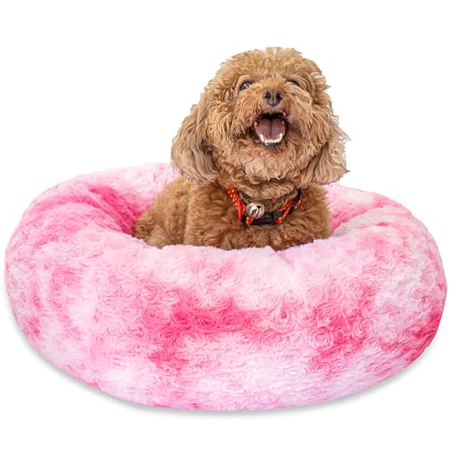 SM4BED Beruhigendes Hundebett für kleine, mittelgroße Hunde und Katzen, 58 cm, rund, Anti-Angst, warm, flauschig, Plüsch-Kunstfell-Bett, weich, rutschfest, Donut-waschbar, passend für Haustiere bis zu von SM4BED