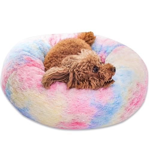 SM4BED Beruhigendes Hundebett für kleine, mittelgroße Hunde und Katzen, 58 cm, rund, Anti-Angst, warm, flauschig, Plüsch-Kunstfell-Bett, weich, rutschfest, Donut-waschbar, passend für Haustiere bis zu von SM4BED