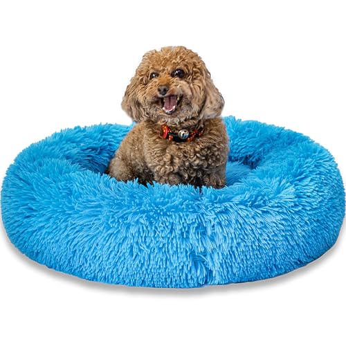 SM4BED Beruhigendes Hundebett für kleine, mittelgroße Hunde und Katzen, 58 cm, rund, Anti-Angst, warm, flauschig, Plüsch-Kunstfell-Bett, weich, rutschfest, Donut-waschbar, passend für Haustiere bis zu von SM4BED