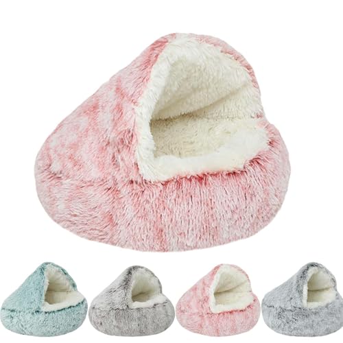 SMBAOFUL Nestbett, Katzenbett für Hauskatzen, halbgeschlossenes Haustiernest, abnehmbares Nestbett, Katzenbett, rund, flauschig, mit Kapuze, beruhigende Katzenbetthöhle (Rosa Langer Samt, XL (39,4 von SMBAOFUL