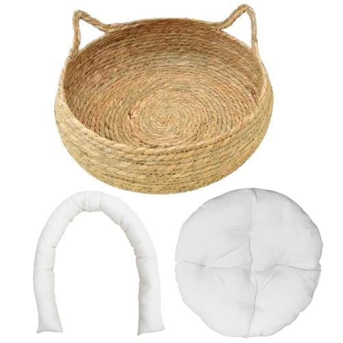 SMELEYOU Katzendonut-Bett Korbkatze für Innenkatzen 17x6 Zoll 2-in-1 gewebte Katzenkörbe Bett mit weicher Kissen kratzfestes Kätzchen Bett gemütlich runde Korbkatze L. L. von SMELEYOU