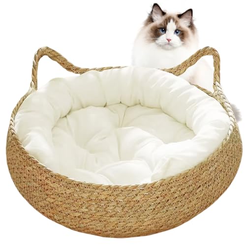 SMELEYOU Katzenkorb Zum Schlafen Katzenbett Katzenkissen 38x12 cm KatzenköRbchen 2 in 1 gewebtes Katzen Bett mit weichem Kissen Kratzfeste Kätzchen Bett gemütlich runde Katzensofa von SMELEYOU