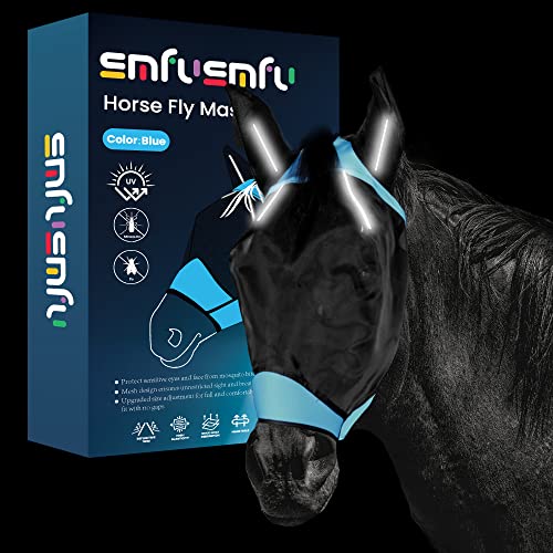 SMFUSMFU Pferdemaske mit atmungsaktivem, feinem Netz für UV-Schutz und schützt Gesicht, Ohren und Augen des Pferdes vor Bremsen, weiches Netz, sorgt für uneingeschränkte Sicht und Atmung (Blau, von SMFUSMFU
