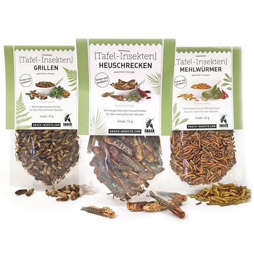 Insekten zum Essen Set - 3 Packungen essbare Insekten von SNACK insects - Heuschrecken, Grillen & Mehlwürmer - Speziell für den Verzehr gezüchtet - Insekten zum Kochen - Insektensnack von SNACK insects