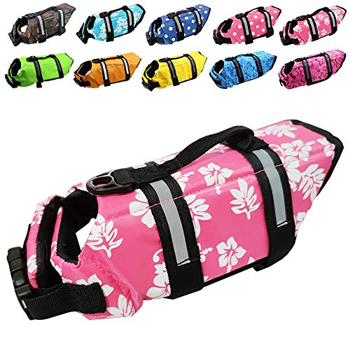 Hundeschwimmweste Easy-Fit Verstellbarer Gürtel Pet Saver Schwimmen Sicherheit Badeanzug Preserver mit reflektierenden Streifen für Hunde (XXS, Blumen und Rosa) von SNIK-S