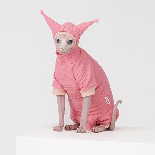 SNIXfever Sphynx Katzenkleidung, Waffelmuster, niedlicher Haustierhut und Hemd, Set aus haarloser Katze, Devon in Cornish Pink und Schwarz, Rosa, Größe XXL von SNIXFEVER