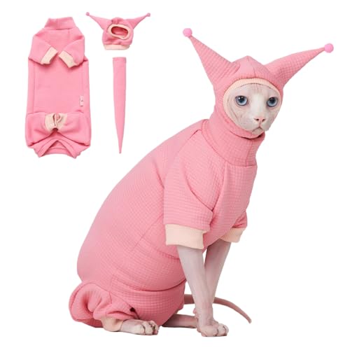 SNIXfever Sphynx Katzenkleidung mit Waffelmuster, niedliches Haustierhut und Hemd, Set, haarlose Katze, Devon kornisches Rosa und Schwarz, Größe L, Rosa von SNIXFEVER