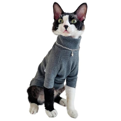 Sphynx Katzen Warmes Fleece-Zweibein-Shirt, Rollkragen-Unterhemd, haarlose Katze, Dopamin-Anziehkleidung für Sphynx, Devon, Kornisches lebendiges Outfit für kleine Kätzchen und Hunde (Grau, M (1,4-2,5 von SNIXFEVER