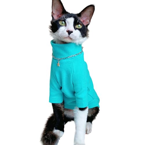 Sphynx Katzen Warmes Fleece-Zweibein-Shirt, Rollkragen-Unterhemd, haarlose Katze, Dopamin-Kleidungskleidung für Sphynx, Devon, Kornisches lebendiges Outfit für kleine Kätzchen und Hunde (Blau, M von SNIXFEVER