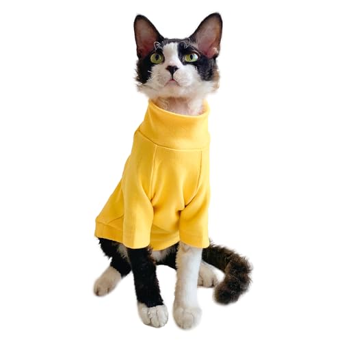 Sphynx Katzen Warmes Fleece-Zweibein-Shirt, Rollkragen-Unterhemd, haarlose Katze, Dopamin-Kleidungskleidung für Sphynx, Devon, Kornisches lebendiges Outfit für kleine Kätzchen und Hunde (Gelb, L von SNIXFEVER