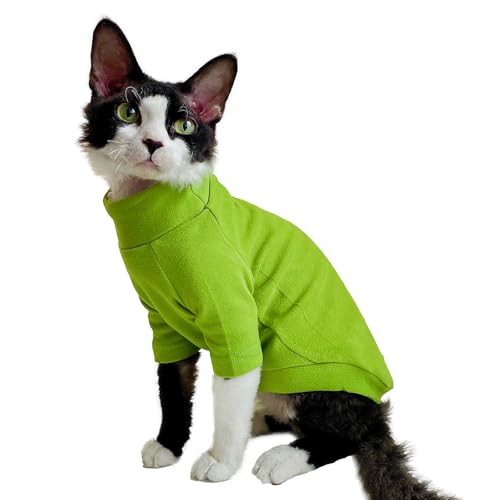 Sphynx Katzen Warmes Fleece-Zweibein-Shirt, Rollkragen-Unterhemd, haarlose Katze, Dopamin-Kompressen für Sphynx, Devon, Kornisches lebendiges Outfit für kleine Kätzchen und Hunde (Grün, M (1,4-2,5 von SNIXFEVER