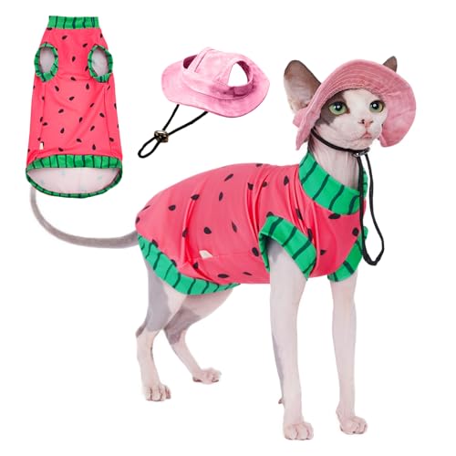 SNIXFEVER Sphynx Katzen-Shirt und Sonnenhut für den Sommer, Wassermelonen-Design, atmungsaktiv, LSF 50+, Shirt für Katzen und kleine Hunde, Größe M (1,6–2,5 kg) von SNIXFEVER