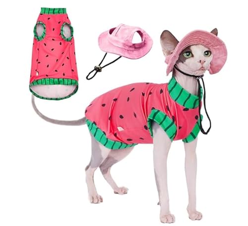 Sphynx Katzenhemd und Sonnenhut für den Sommer, kühlend, atmungsaktiv, LSF 50+, Shirt für Katzen und kleine Hunde, Bekleidung, Hemd und Mütze, Set für Katzen, Größe XXL (5 - 6,4 kg) von SNIXFEVER