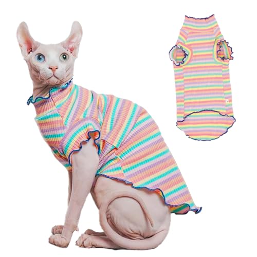 Sphynx Katzenkleidung, haarloses Katzenhemd, weicher dehnbarer Pullover für Katzen, atmungsaktives tägliches Outfit für Katzen, Katzenpullover für Cornish Rex, Devon Rex (Regenbogenstreifen, Größe S von SNIXFEVER