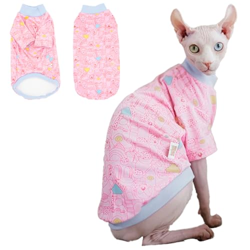 Sphynx Katzenkleidung, haarloses Katzenhemd, weicher dehnbarer Pullover für Katzen, atmungsaktives tägliches Outfit für Katzen, Katzenpullover für Cornish Rex, Devon Rex (rosa Cartoon, Größe S von SNIXFEVER