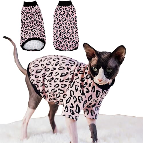 Sphynx Katzenkleidung, haarloses Katzenhemd, weicher dehnbarer Pullover für Katzen, atmungsaktives tägliches Outfit für Katzen, Katzenpullover für Cornish Rex, Devon Rex (rosa Leopardenmuster, XXL von SNIXFEVER