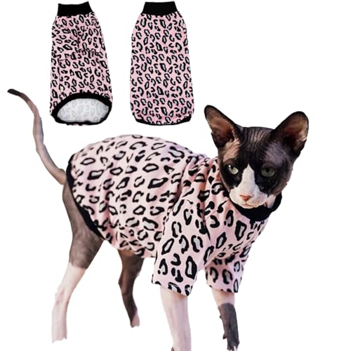 Sphynx Katzenkleidung, haarloses Katzenhemd, weicher dehnbarer Pullover für Katzen, atmungsaktives tägliches Outfit für Katzen, Katzenpullover für Cornish Rex, Devon Rex (rosa Leopardenmuster, L von SNIXFEVER