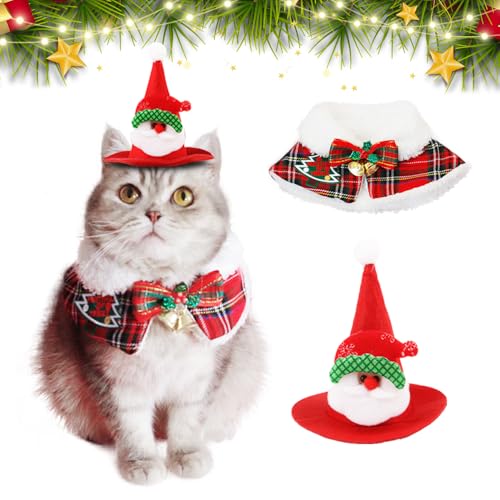 Weihnachts-Outfit für Katzen, Umhang und Nikolausmütze, für kleine Hunde, Kätzchen, Weihnachtskostüm, warmes Weihnachtsgeschenk, Haustier-Neujahrskleidung, Glockenschal, Umhang (Bell Style, M (2,9–5 von SNIXFEVER