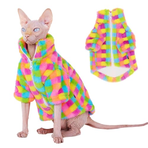 Winter-Fleecejacke für Katzen mit Reißverschluss, warmer Regenbogen-Fleece-Hoodie für Herbst und Winter, Sphynx, Katzen, Chihuahua, Yorkie, Welpen, zweibeinig, leicht zu tragen, Katzenmantel mit von SNIXFEVER