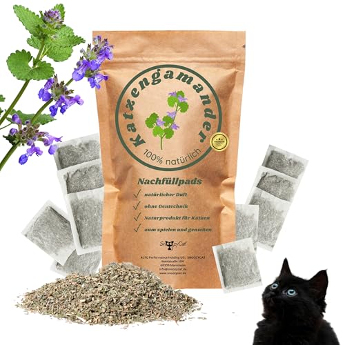 SNOOZYCAT® 10 Stück Nachfüllpads mit Katzengamander auch Katzenkraut genannt für Katzenkissen zum nachfüllen, handgemacht von SNOOZYCAT