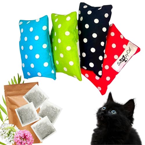 SNOOZYCAT® 4 Stück nachfüllbare Baldrian Kissen für Katzen und 4 Stück Baldrian Nachfüll Pads, handgemacht und waschbar, Duftkissen Baumwolle mit natürlicher 100% Katzenbaldrian, Made in Germany von SNOOZYCAT