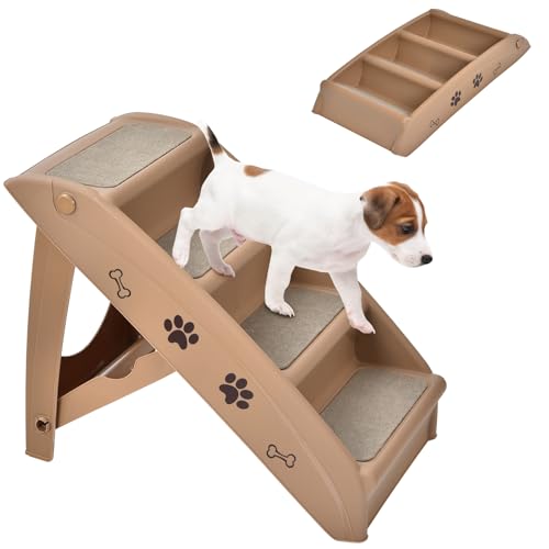 SOARS Haustiertreppe faltbar, 4-stufige Hundetreppe Katzentreppe mit Filz Matte, Tiertreppe für Katzen Hund bis 60kg, rutschfeste Katzenrampe für Bett, Auto, Sofa (Braun) von SOARS