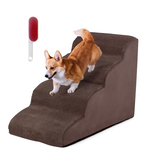 SOARS Hundetreppe 4-Stufig, Haustiertreppe aus Hochdichtem Schwamm, Katzentreppe mit Abnehmbarem, Waschbarem Bezug, rutschfeste Tiertreppe für Sofa & Bett (Braun) von SOARS