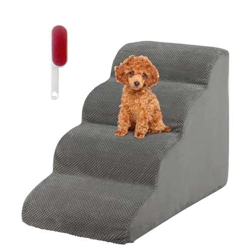 SOARS Hundetreppe 4-Stufig, Haustiertreppe aus Hochdichtem Schwamm, Katzentreppe mit Abnehmbarem, Waschbarem Bezug, rutschfeste Tiertreppe für Sofa & Bett (Grau) von SOARS