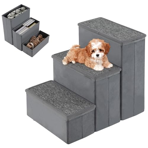 SOARS Hundetreppe faltbar, Haustiertreppe mit Stauraum, rutschfeste Hunderampe Katzentreppe bis 50 kg belastbar, Tiertreppe für Bett, Sofa (Grau, 38 x 51 x 45 cm, 3) von SOARS