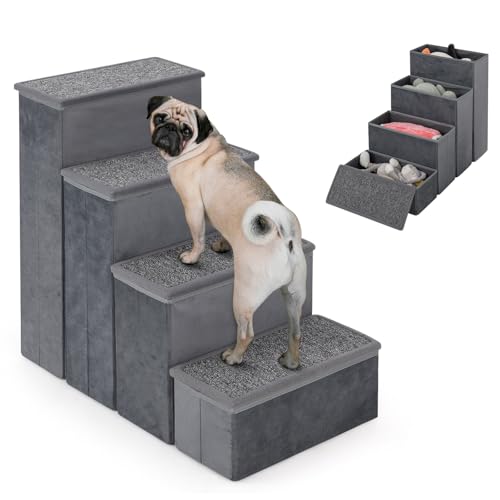 SOARS Hundetreppe faltbar, Haustiertreppe mit Stauraum, rutschfeste Hunderampe Katzentreppe bis 50 kg belastbar, Tiertreppe für Bett, Sofa (Grau, 38 x 65 x 58 cm, 4) von SOARS