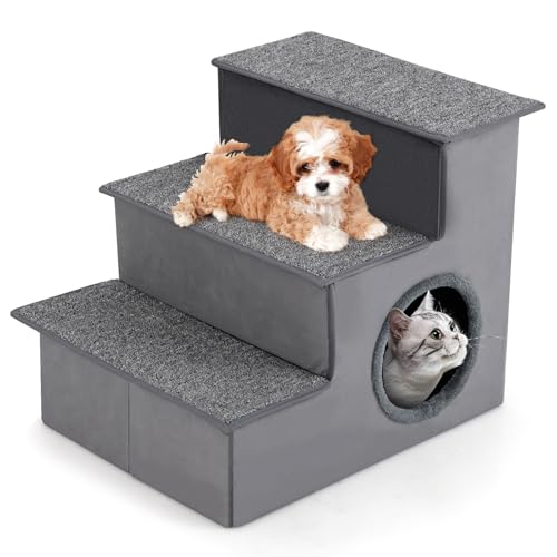 SOARS Hundetreppe faltbar 3 Stufen, Haustiertreppe mit Katzenhöhle & Stauraum, rutschfeste Hunderampe Katzentreppe für kleine ältere große Hunde Katzen, Tiertreppe für Bett, Sofa von SOARS