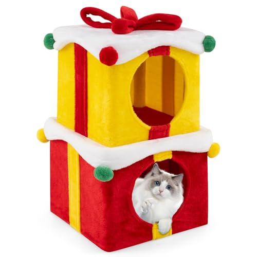 SOARS Katzenhöhle Weihnachten 2 Stück, Katzenbett Hundebett Weihnachtsbox Design, Katzenmöbel mit Fellbällchen und Schleife, Katzenschlafplatz für Drinnen von SOARS