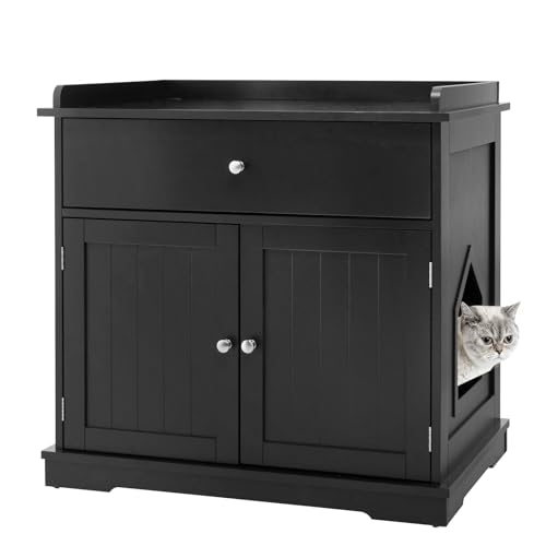 SOARS Katzenschrank, Katzenklo Schrank mit Schublade und 2 Türen, Katzentoilette mit Katzenlöchern, 3 in 1 Katzenhaus, Beistelltisch, Badezimmermöbel, Katzenmöbel Indoor & Outdoor (Schwarz) von SOARS