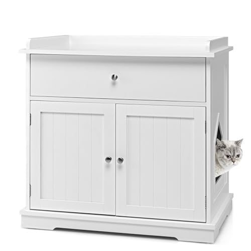 SOARS Katzenschrank, Katzenklo Schrank mit Schublade und 2 Türen, Katzentoilette mit Katzenlöchern, 3 in 1 Katzenhaus, Beistelltisch, Badezimmermöbel, Katzenmöbel Indoor & Outdoor (Weiß) von SOARS