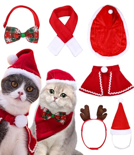 Katze Weihnachten,Hund Weihnachten Kostüm,Weihnachtskostüm für Katzen,Katzenkostüm Weihnachten,Fliege,Stirnband,Weihnachtsmütze, Schal, Enthält Zwei Umhänge von SOBEAU