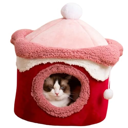 SOFORFREEM Haus für Hunde und Katzen, warme Winterhöhle, Tiefschlaf für Haustiere, geometrisches Eishaus, bequem und lustig, mittelgroß, Rot, 48 x 48 cm von SOFORFREEM