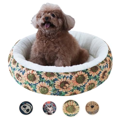 Rundes beruhigendes Hunde- und Katzenbett, Anti-Angst-Plüsch-Hundebett, waschbar, Haustierbett mit rutschfester Unterseite, Donut-Kuscheltier mit niedlichem Jacquard-Muster für Katzen und kleine von SOFTHOLA