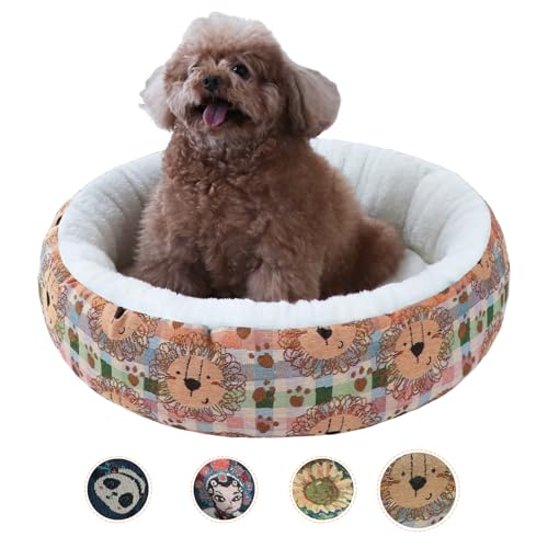 Rundes beruhigendes Hunde- und Katzenbett, Anti-Angst-Plüsch-Hundebett, waschbar, Haustierbett mit rutschfester Unterseite, Donut-Kuscheltier mit niedlichem Jacquard-Muster für Katzen und kleine von SOFTHOLA