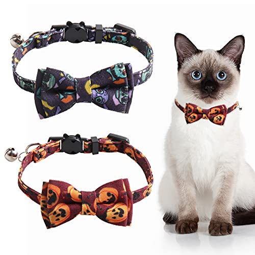 2 x Halloween-Katzenhalsband, mit Schleife, niedlicher Kürbis/Fledermaus/Eule/Skelettdruck, Kätzchenhalsband mit abnehmbarer Fliege für Kätzchen, Welpen (18,8–27,4 cm) von SOGAYU