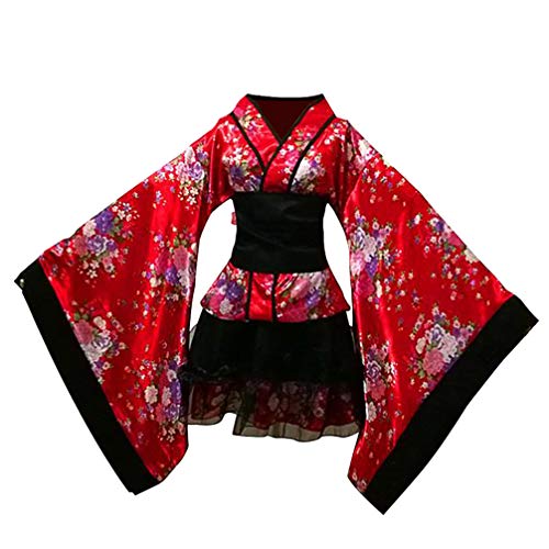 SOIMISS Kurzes Kimonokostüm für Erwachsene Traditionelles Japanisches Polyester Yukata Muster V- Ausschnitt Kimono Party Cosplay Outfit für Party Frauen Mädchen XXXL (Rot) von SOIMISS