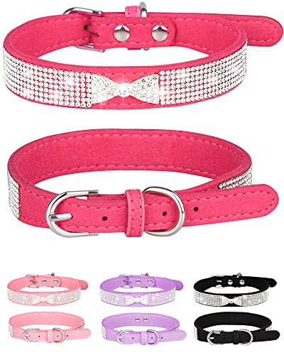 Bling Hundehalsband für kleine, mittelgroße und große Hunde, Krone Strass Hundehalsbänder für Mädchen und Jungen, Diamant-Welpenhalsbänder, verstellbares Leder, Wildleder, SOFE Katzenhalsband (XS (21-27 cm), Rosenrot 2) von SOLMOONY