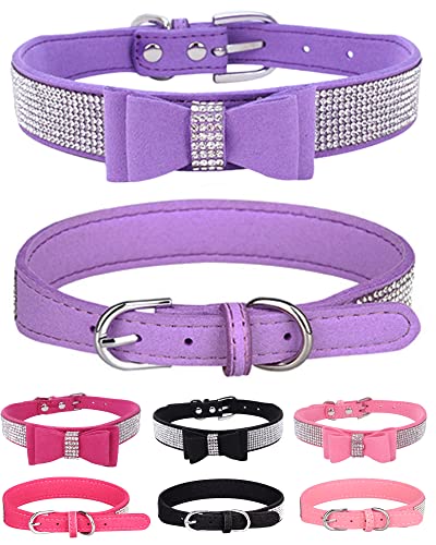 Bling Hundehalsband für kleine, mittelgroße und große Hunde, Krone Strass Hundehalsband für Mädchen und Jungen, Diamant-Welpenhalsbänder, verstellbares Leder, Wildleder, SOFE Katzenhalsband (L (38 cm-46 cm), Lila 33 cm ) von SOLMOONY