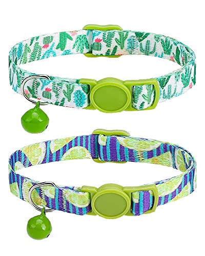 SOLMOONY Niedliches Katzenhalsband für Mädchen und Jungen, personalisiertes Katzenhalsband mit Glocke, 2er-Pack, verstellbares, bedrucktes Nylon mit Sicherheitsschnallen, Kätzchenhalsband (Kaktus) von SOLMOONY