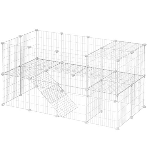 SONGMICS Zaun für Haustiere, 2 Ebenen, modular, für Kleintiere, Hamster, Kaninchen, Schweinchen, Truthahn, Gitterplatten, für den Innenbereich, 143 x 73 x 71 cm, Weiß LPI02W von SONGMICS