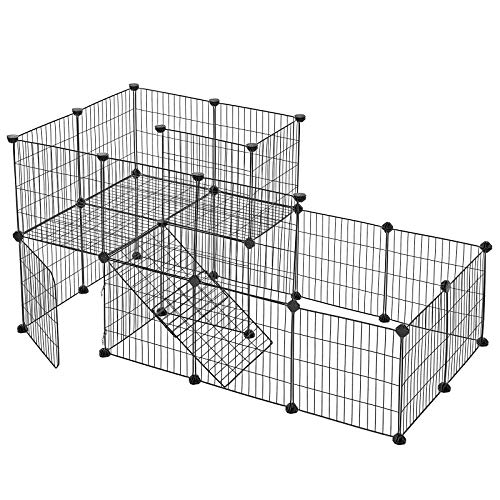 SONGMICS Zaun für Haustiere, 2 Ebenen, modular, für Kleintiere, Kaninchen, Meerschweinchen, Gitterplatten, für den Innenbereich, 143 x 73 x 71 cm, Schwarz LPI06H von SONGMICS