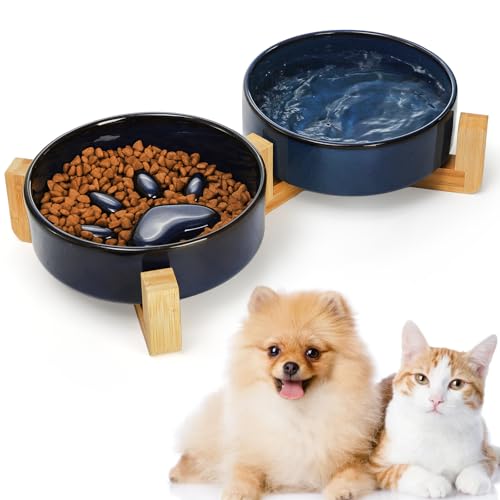 SOUJOY Keramik-Hundenapf-Set mit Holzständer, rutschfester Futternapf und Wassernapf, 600 ml, matte Glasur, kein Verschütten, Katzen-Futternapf für kleine, mittelgroße und große Hunde von SOUJOY