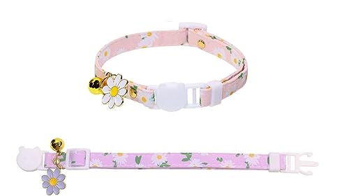 SOWAKA Katzenhalsbänder mit Glocke, verstellbar, Gänseblümchen-Blumenmuster, niedliches Halsband für Haustiere, Kätzchen, Welpen, Katzen, 2 Stück (Rosa und Lila) von sowaka