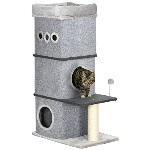 PawHut 3 Level Katze Kratztonne Höhe 102 cm Katzenturm mit abnehmbarem Filz Katzenhaus Sisal Post Sisal Bett und Spielzeug Ball 60x40x102 cm Grau von SPANISH AOSOM