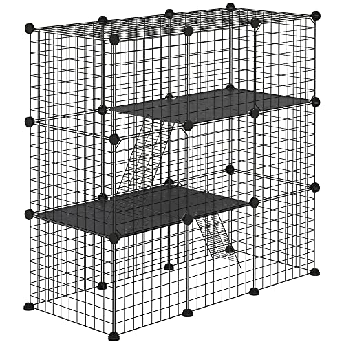 PawHut 31-Panel Kleintierkäfig DIY Haustierpark mit Rampe für Meerschweinchen Kaninchen Chinchillas 105x45x105 cm Schwarz von SPANISH AOSOM